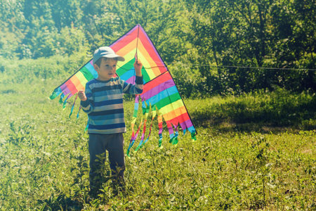 Little boy running with kite in the meadow field on summer day in the park