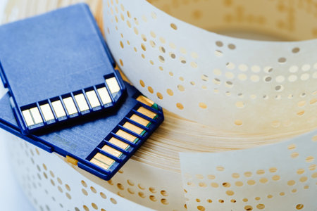 Old storage paper obsolete punched tape and sd card data,  flash.