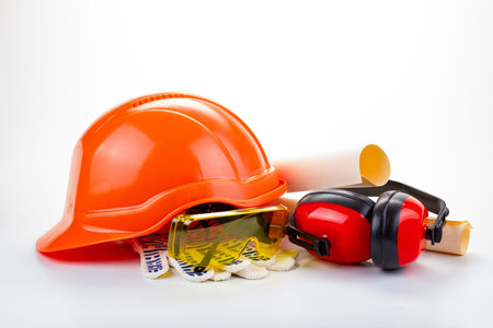 Helmet industrial concept and worker safety goggles industry,  hat.
