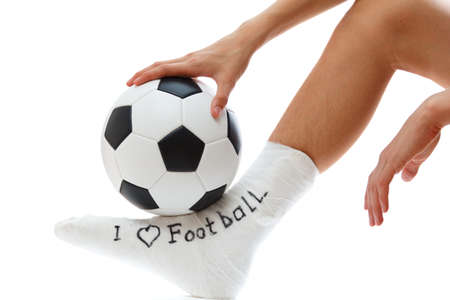 Soccer football player and sport plaster foot leg,  bandage care.の写真素材