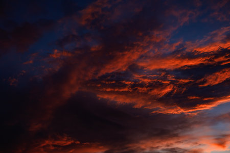 Red crimson sunset sky and orange dark evening,  color.