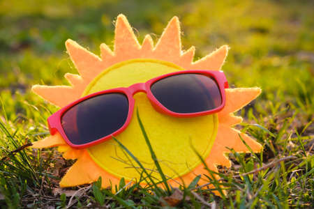 Sun summer sunglasses yellow concept vacation travel, reflection.の写真素材