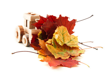 Small toy tractor is loaded with yellow fallen leaves against a white background. Cleaning and...