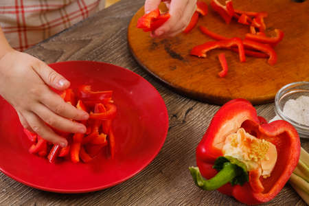 Ingredients for Burrito vegetables, peppers on wooden background. Top viewの写真素材