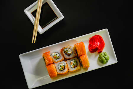 Sushi roll set on white background. Sushi Japanese food in restaurant. traditional white.の写真素材