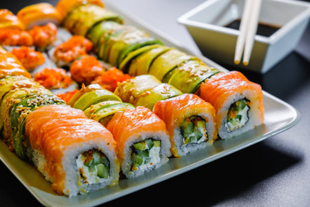 Sushi roll set on white background. Sushi Japanese food in restaurant. rice white.の写真素材