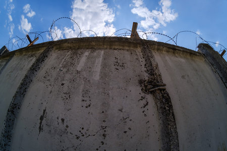 Concrete wall, against the backdrop of barbed wire, the concept of prison, salvation, Refugee,...