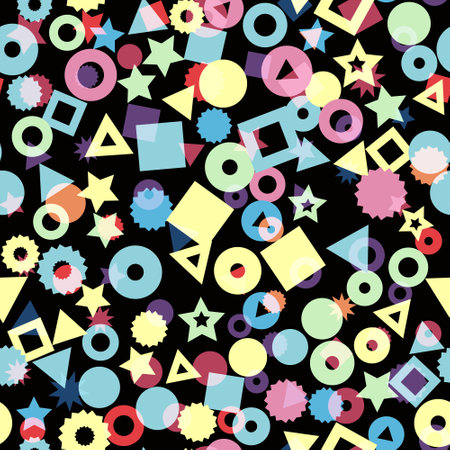 Kids geometric shapes seamless vector pattern. Triangles, dots, stars, and circles in pink, orange, red, and yellow background. Geometric shapes backdrop for fabric, surface pattern decorのイラスト素材