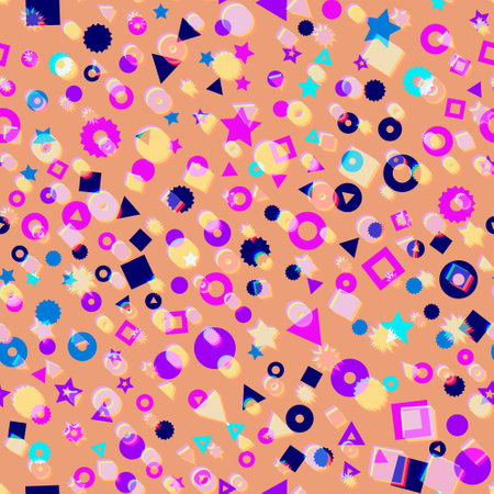 Kids geometric shapes seamless vector pattern. Triangles, dots, stars, and circles in pink, orange, red, and yellow background. Geometric shapes backdrop for fabric, surface pattern decorのイラスト素材