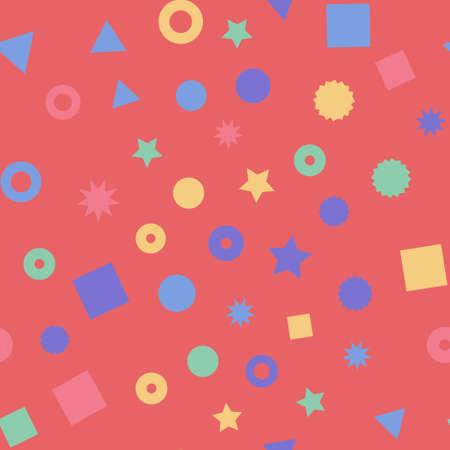 Kids geometric shapes seamless vector pattern. Triangles, dots, stars, and circles in pink, orange, red, and yellow background. Geometric shapes backdrop for fabric, surface pattern decorのイラスト素材