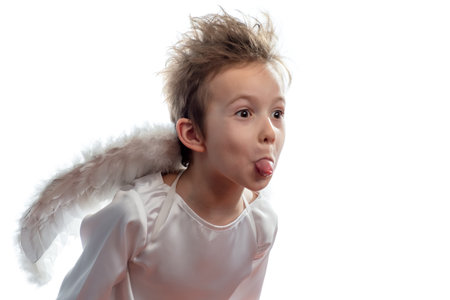 Angel wings little boy kid white background. mischief antics