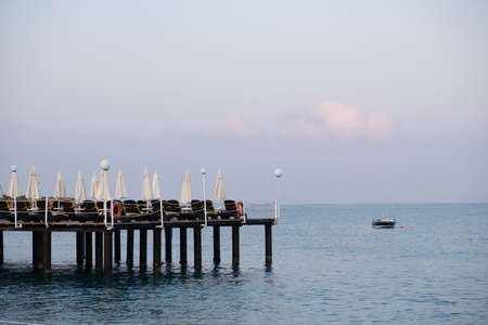 Summer ocean landscape with pier, sunny blue sky. nature seaの写真素材