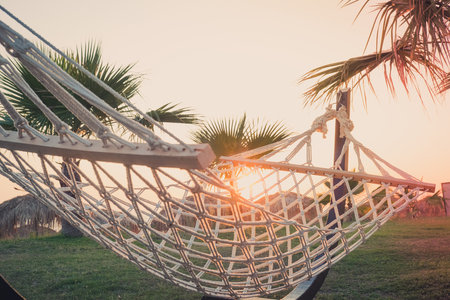 Sun and hammock on sunset beach with palm, relaxation resort. sky vacationの写真素材