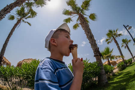 Happy boy child kid eating ice cream, face. park personの写真素材
