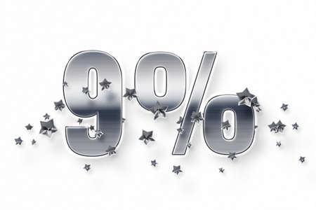 Silver numbers and stars 9 percent on a white background. Price label sale promotion market discount percent. deal storeの写真素材
