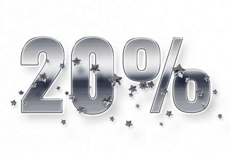 Silver numbers and stars 20 percent on a white background. Price label sale promotion market discount percent. offer retailの写真素材