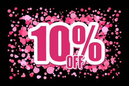 Off 10 Price label sale promotion market discount percent. tag offer Pink confetti on black backgroundのイラスト素材