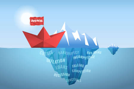 Business risk vector concept with paper boat sailing close to iceberg. Symbol of danger, challenge, courage.のイラスト素材