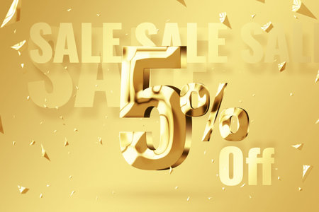 Golden inscription 5 off on a golden background. Price label sale promotion market discount percent....