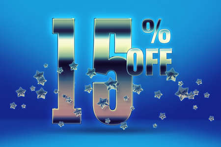 Silver numbers and stars on a blue background Price labele 15 sale promotion market discount percent. retailの写真素材