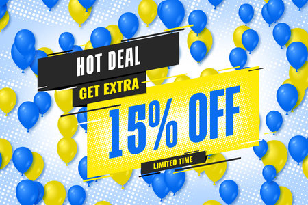 15 fifteen Percent off sale discount shopping banner balloon background. frame designの写真素材