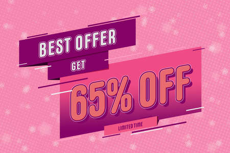 65 sixty-five Percent off super sale shopping halftone pink banner background design. offer exclusive saleの写真素材