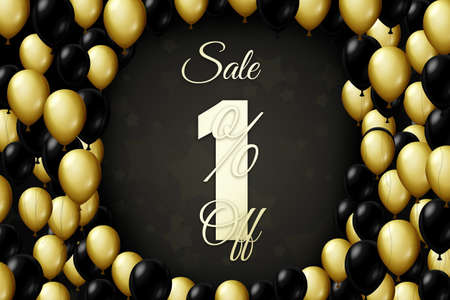 Golden and black balloons on a black background Black friday Price label sale 1 promotion market discount percent. bannerの写真素材
