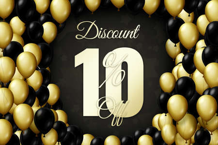 Golden and black balloons on a black background Black friday Price labele sale 10 promotion market discount percent. purchase clearanceの写真素材