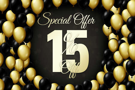 Golden and black balloons on a black background Black friday Price labele sale 15 promotion market discount percent. businessの写真素材