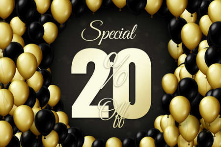 Golden and black balloons on a black background Black friday Price label sale 20 promotion market discount percent. deal purchaseの写真素材