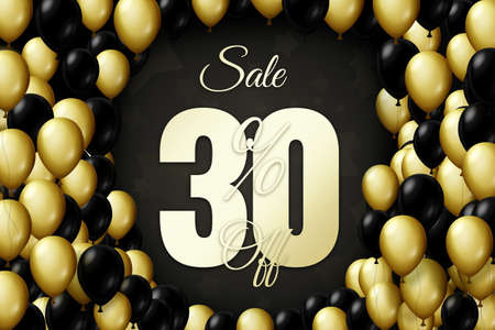 Golden and black balloons on a black background Black friday Price label sale 30 promotion market discount percent. special shopの写真素材