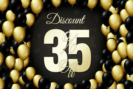 Golden and black balloons on a black background Black friday Price labele sale 35 promotion market discount percent. business offerの写真素材