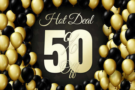 Golden and black balloons on a black background Black friday Price labele sale 50 promotion market discount percent. tag storeの写真素材