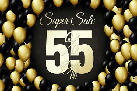 Golden and black balloons on a black background Black friday Price labele sale 55 promotion market discount percent. purchase tagの写真素材