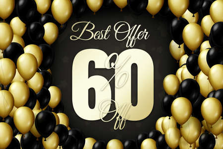 Golden and black balloons on a black background Black friday Price labele sale 60 promotion market discount percent. shop dealの写真素材