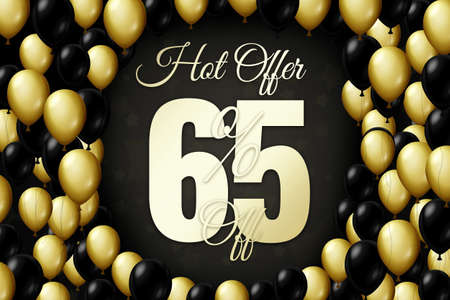 Golden and black balloons on a black background Black friday Price labele sale 65 promotion market discount percent. special offerの写真素材