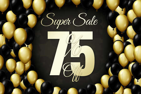Golden and black balloons on a black background Black friday Price labele sale 75 promotion market discount percent. shop purchaseの写真素材
