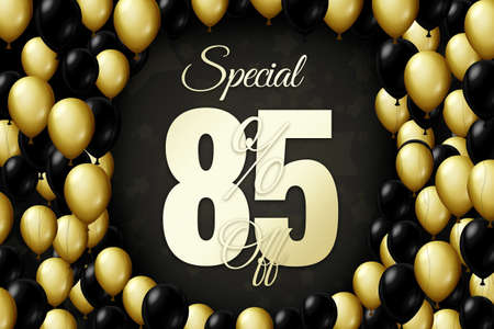 Golden and black balloons on a black background Black friday Price labele sale 85 promotion market discount percent. shop specialの写真素材