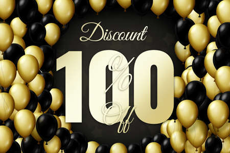 Golden and black balloons on a black background Black friday Price labele sale 100 promotion market discount percent. business bannerの写真素材