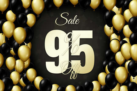 Golden and black balloons on a black background Black friday Price labele sale 95 promotion market discount percent. tag dealの写真素材