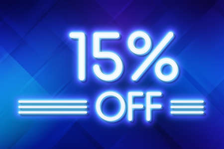 White neon inscriptions off 15 of discounts on a blue art background Price labele sale promotion market discount percent. template clearanceの写真素材
