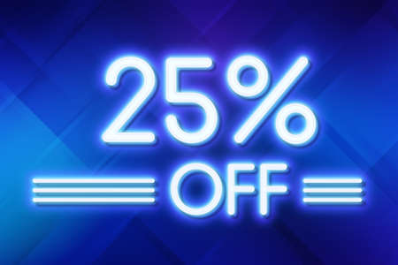 White neon inscriptions off 25 of discounts on a blue art background Price labele sale promotion market discount percent. clearance templateの写真素材