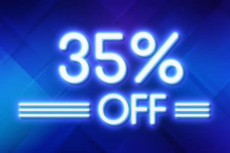 White neon inscriptions off 35 of discounts on a blue art background Price labele sale promotion market discount percent. tag offerの写真素材