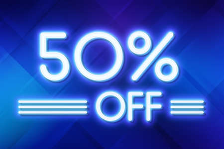 White neon inscriptions off 50 of discounts on a blue art background Price labele sale promotion market discount percent. purchaseの写真素材