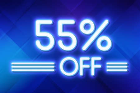 White neon inscriptions off 55 of discounts on a blue art background Price labele sale promotion market discount percent. special shopの写真素材
