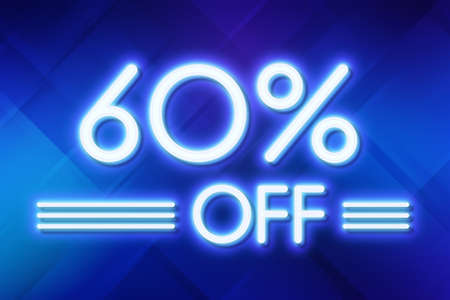 White neon inscriptions off 60 of discounts on a blue art background Price labele sale promotion market discount percent. template purchaseの写真素材