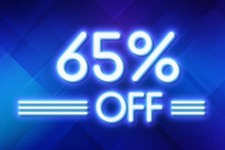 White neon inscriptions off 65 of discounts on a blue art background Price labele sale promotion market discount percent. template tagの写真素材