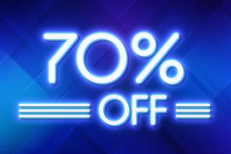 White neon inscriptions off 70 of discounts on a blue art background Price labele sale promotion market discount percent. purchaseの写真素材