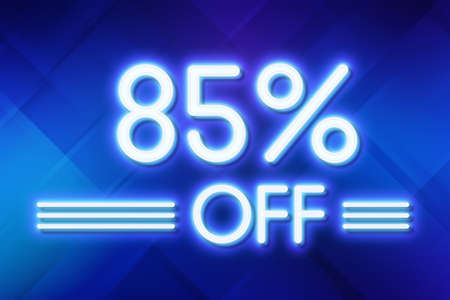 White neon inscriptions off 85 of discounts on a blue art background Price labele sale promotion market discount percent. businessの写真素材