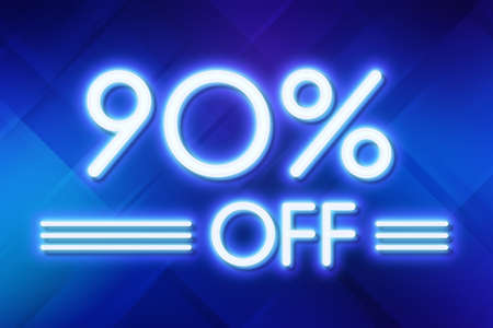 White neon inscriptions off 90 of discounts on a blue art background Price labele sale promotion market discount percent. store templateの写真素材
